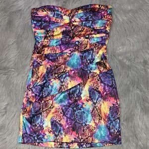 Speechless Strapless Dress in Purple, Blue, and Orange